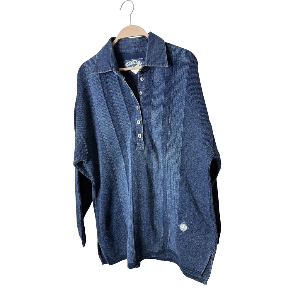 Vintage Blue Willis Denmark Denim & Knit Sweater Size XL Grandpa 1/4 Snap Henley